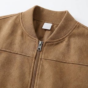 Close-up of the Corvin ribbed baseball collar, silver-tone zip puller and suede nap