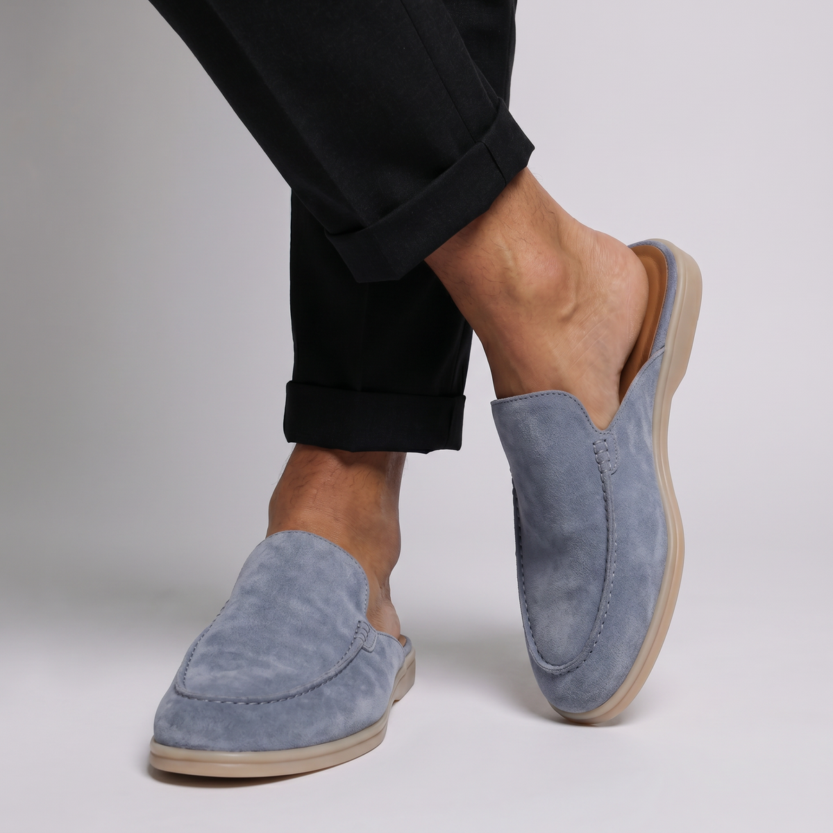 Men's Leather Baby Blue Suede Yacht Mules - Riviera Style