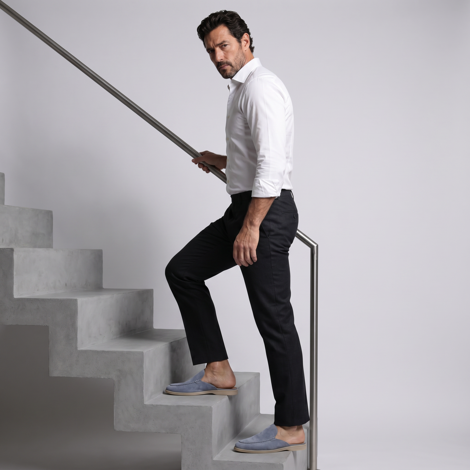 Men's Leather Baby Blue Suede Yacht Mules - Riviera Style
