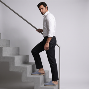 Men's Leather Baby Blue Suede Yacht Mules - Riviera Style