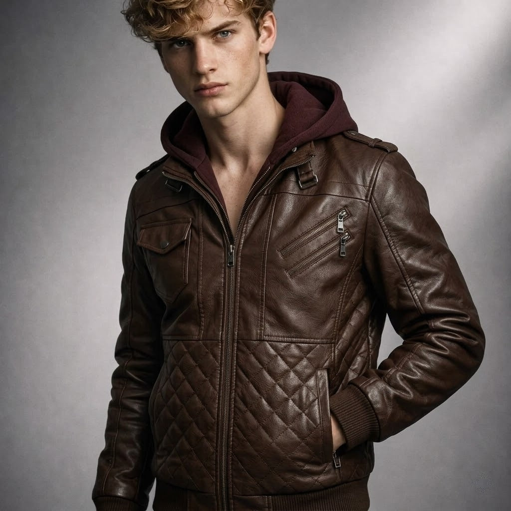 Men's Real Leather Bomber Jacket with Removable Hood – Leather Elegance