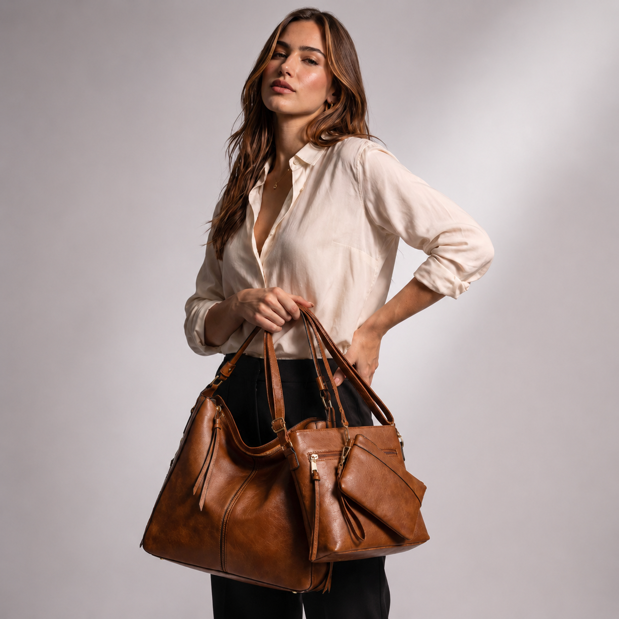 Women's Leather Hobo Bag - Twins (3 in 1)