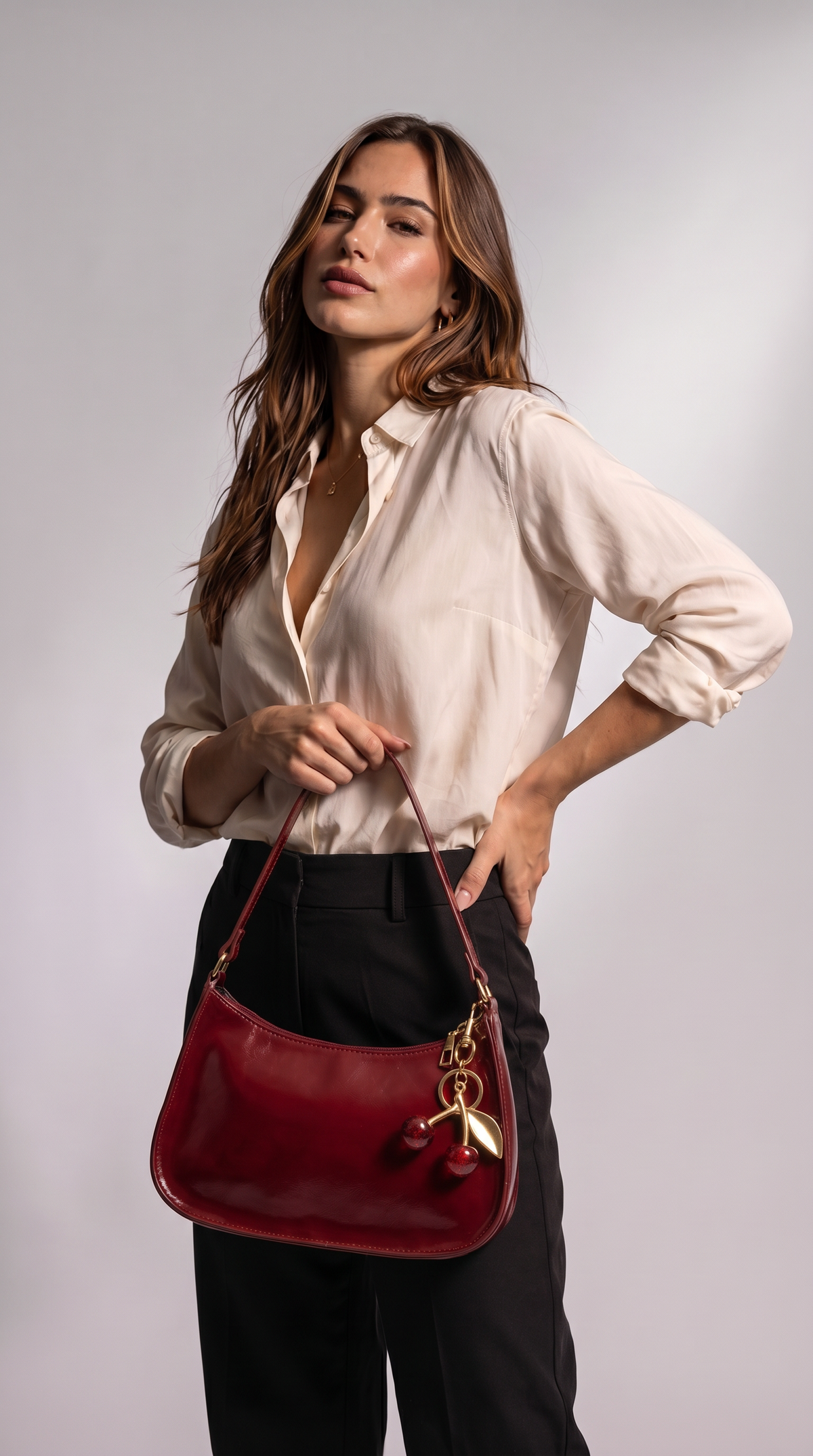 Women's Genuine Leather Hobo Bag - Cherry