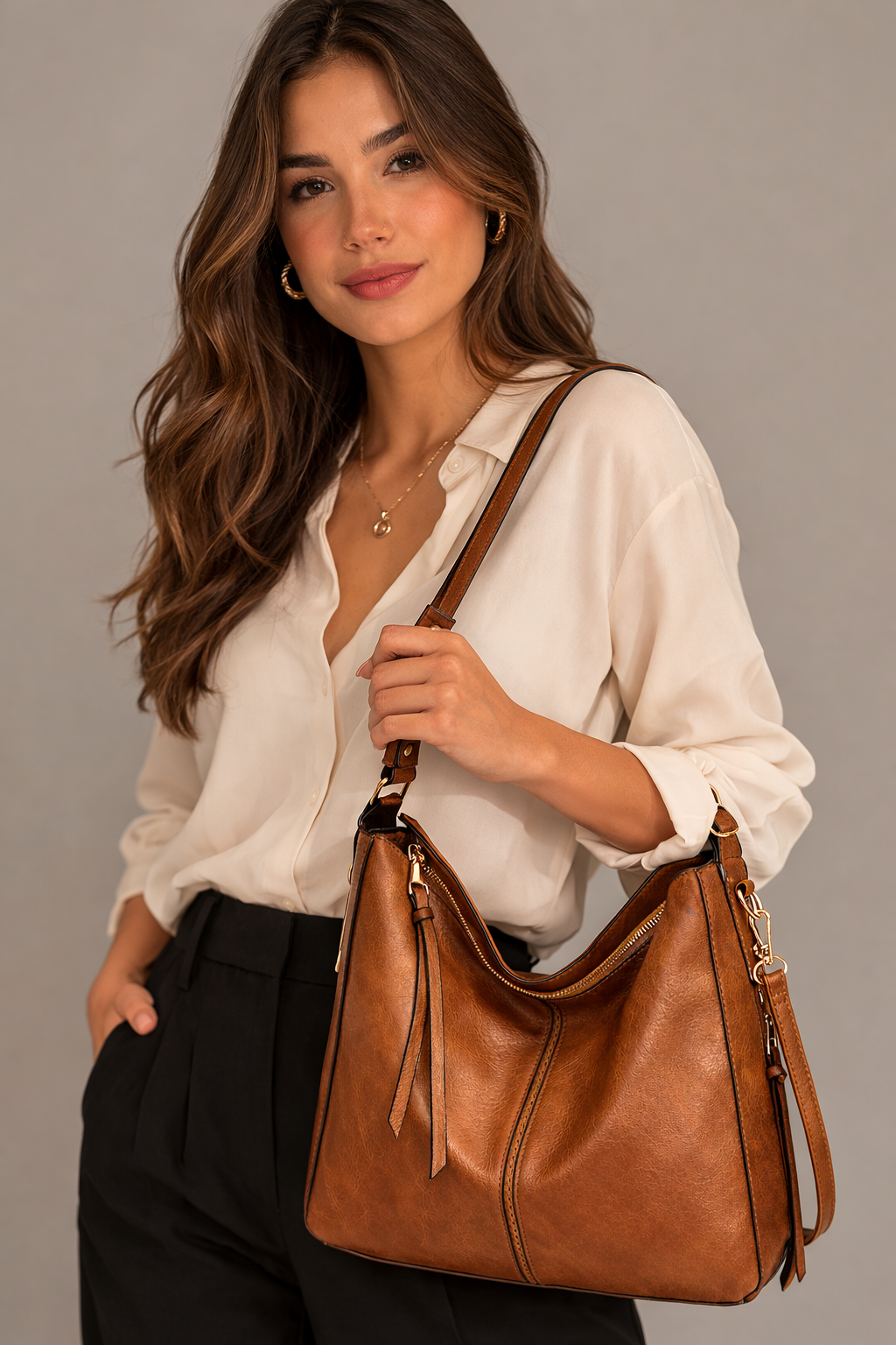 Women's Genuine Leather Messenger Bag - Twins