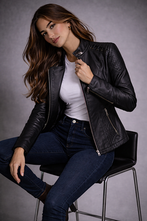 Women's Real Leather Quilted Biker Jacket – Voug